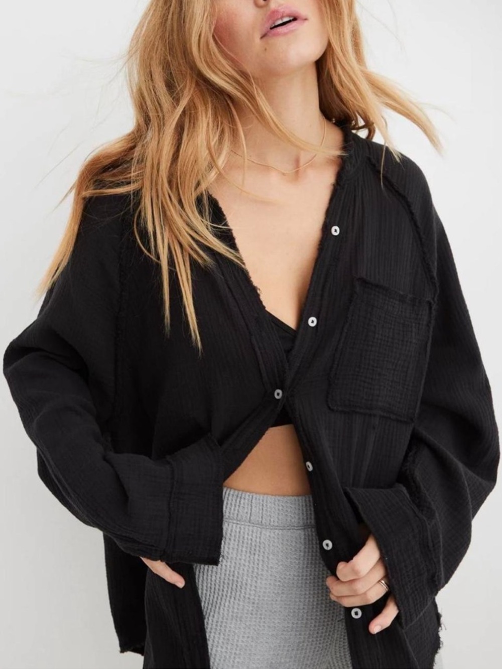 Aerie Gauze Black Textured Button-Up Women's Long Sleeve Top Size Small